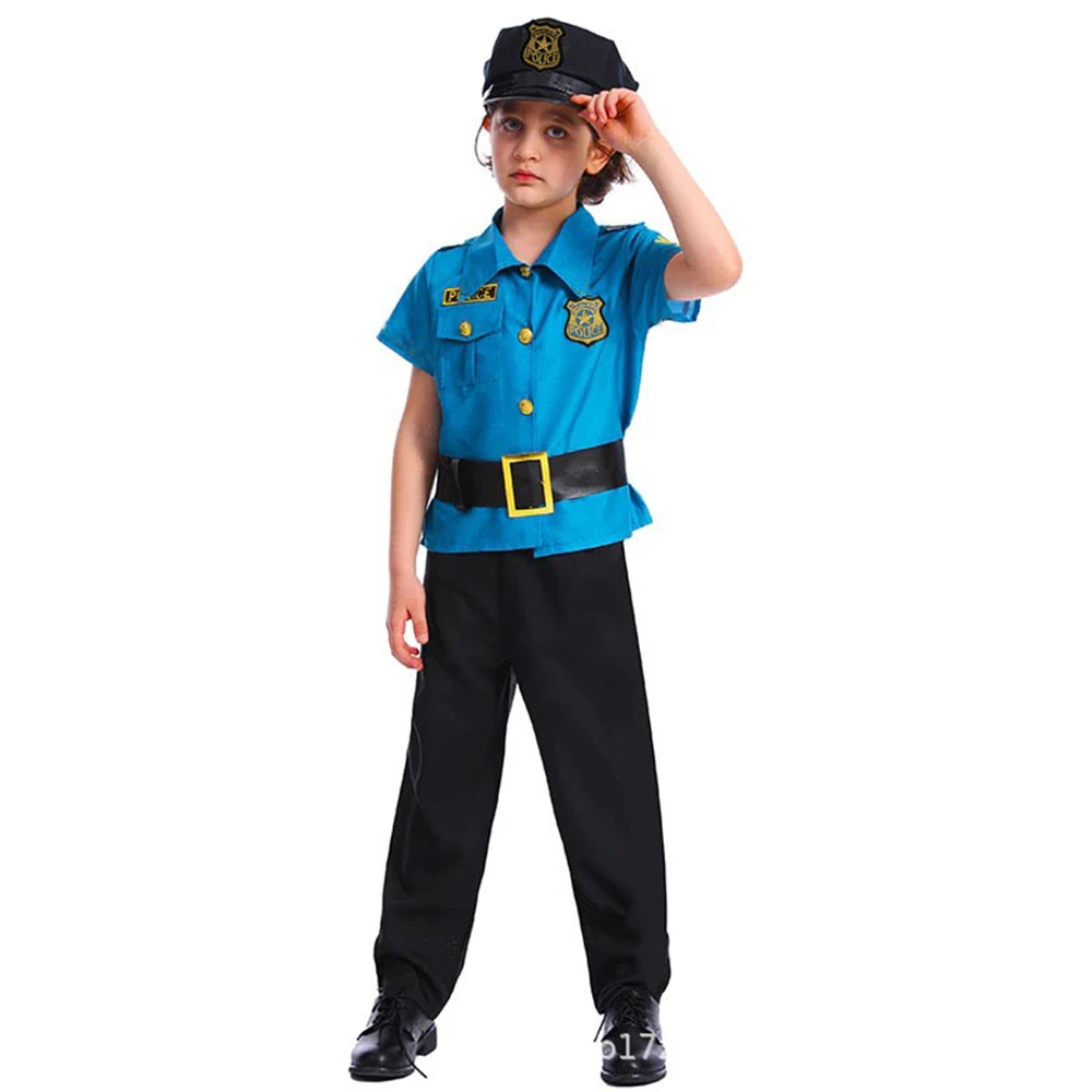 Halloween Purim Children Cosplay Black Blue Cop Officer Outfit Policeman Costume Suit For Boys Girls Fancy Kids Police Uniform