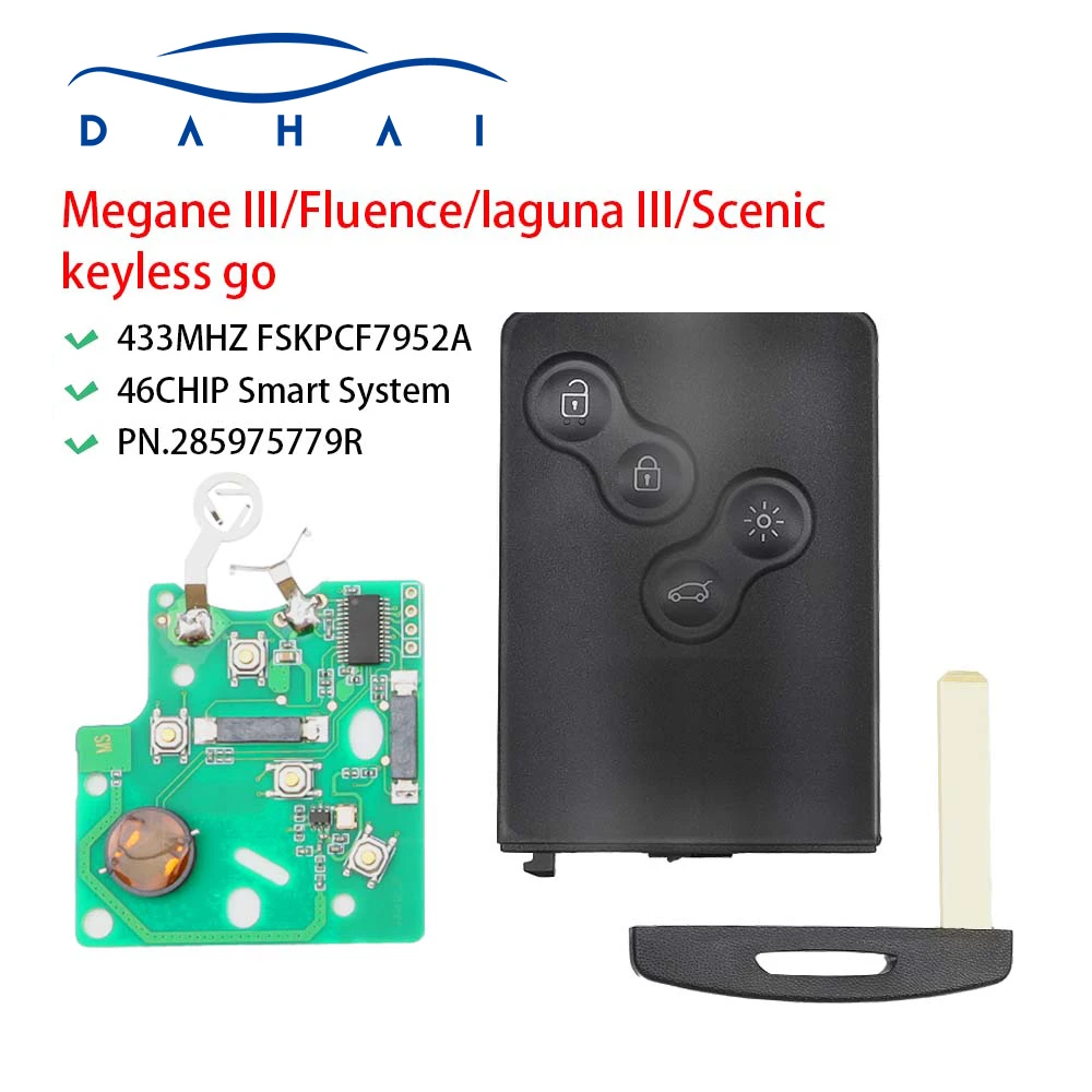 DaHai HandsFree For Renault Megane 3 Laguna 3 Scenic Fluence Keyless 433MHz ID46-PCF7952A Chip Smart Remote Car Key