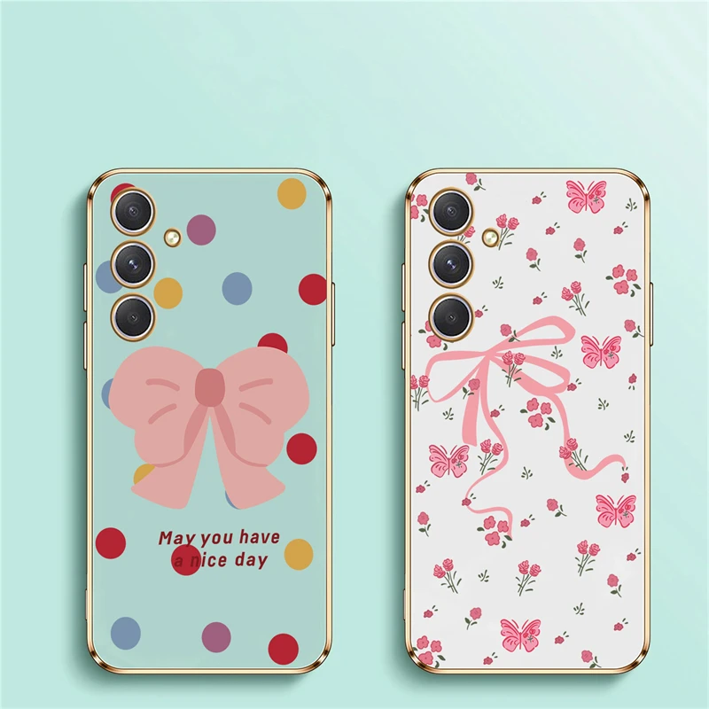 A54 5G Pattern Pink Bow Soft Case For Samsung Galaxy A32 A33 A34 A24 A25 A35 A55 A15 A42 A50 A52 A53 A71 A72 A73 Plating Cover