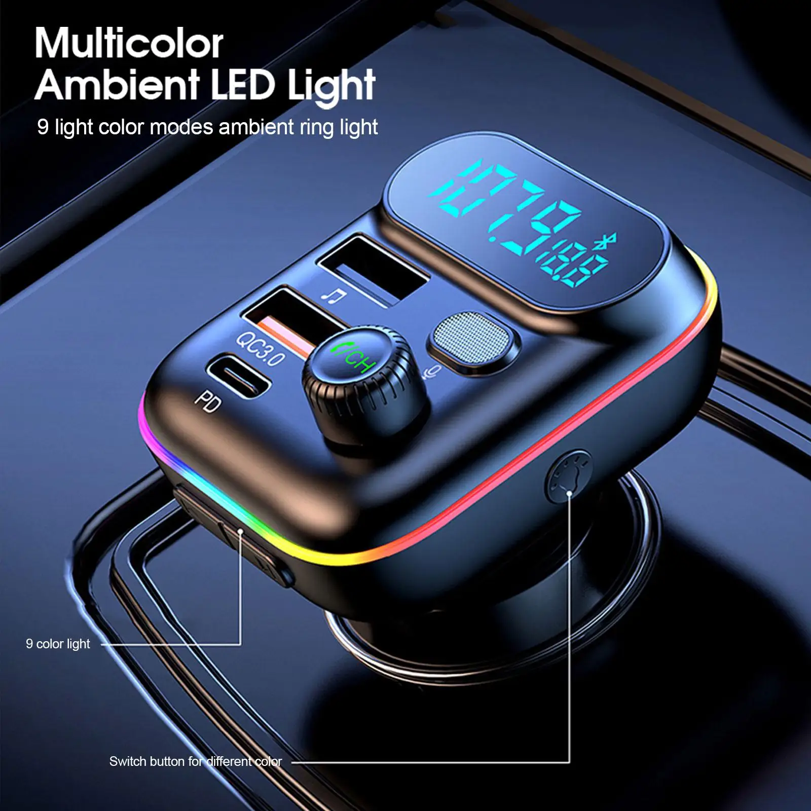 

Car Bluetooth 5.0 FM Transmitter PD 20W Type-C QC3.0 Dual MP3 Charger Colorful Player Music Light Lossless Atmosphere USB F5C6