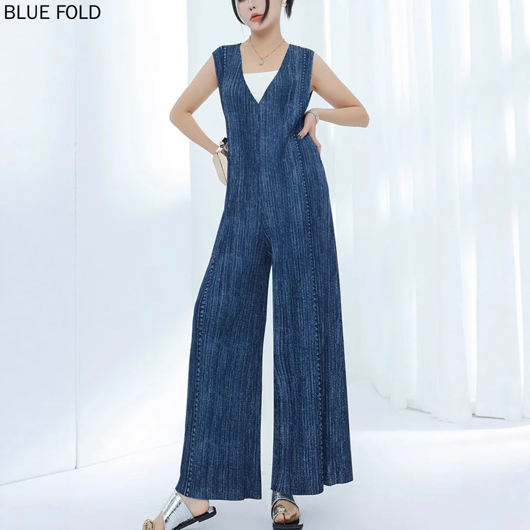 MIYAKE PLEATS Slim-fit DENIM Overalls ผู้หญิงสไตล์เทพธิดาแฟชั่น Jumpsuit หลวมแขนกุดสุภาพสตรี Jumpsuit