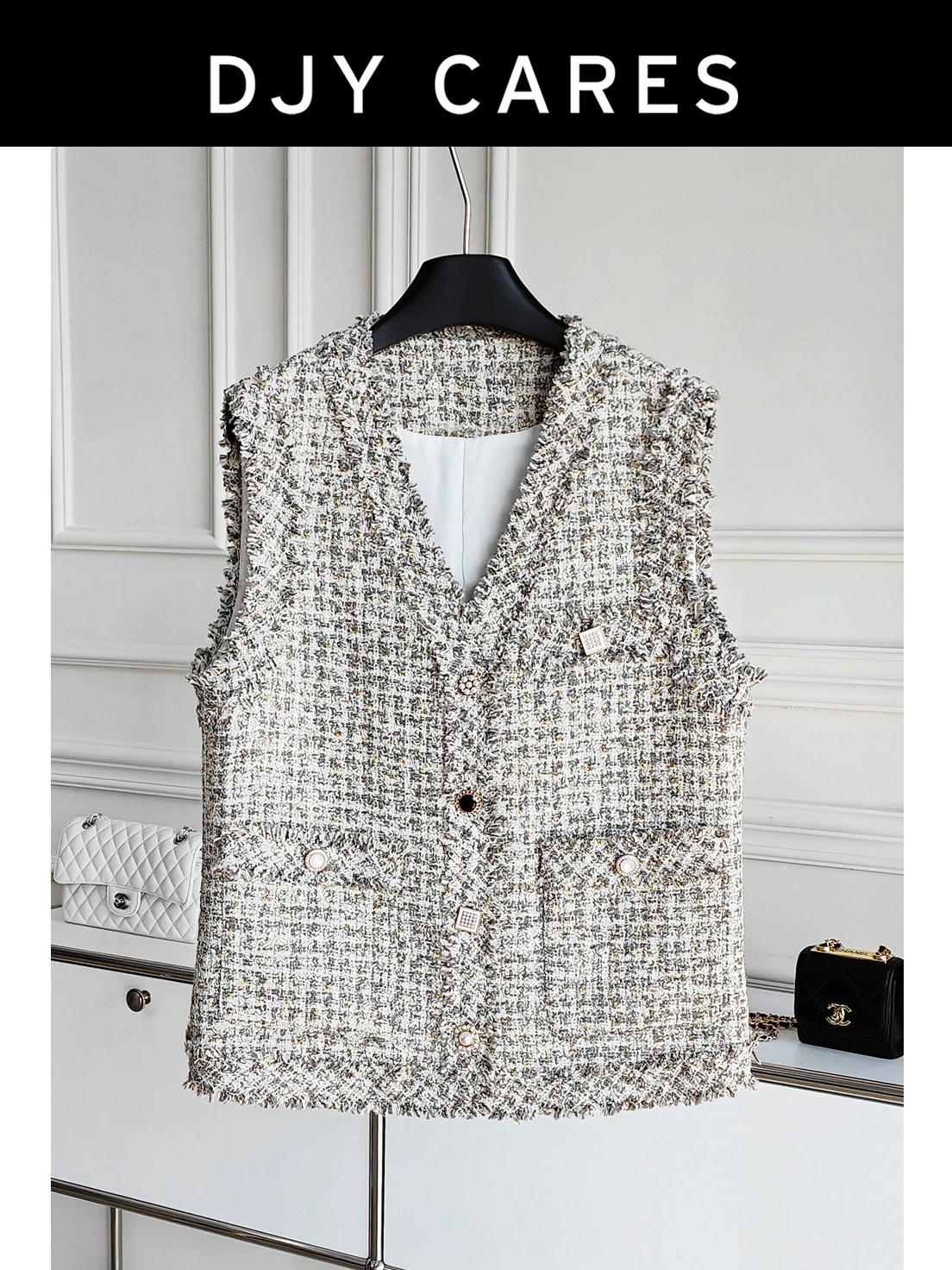 

Новый жаккардовый серый жилет в клетку смешанного цвета с золотой проволокой, большой размер