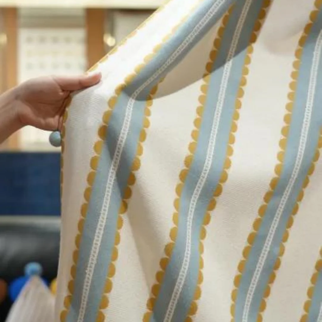 Vintage Blue Yellow Vertical Stripe Printed Curtain, Farmhouse Light Filtering Window Drape