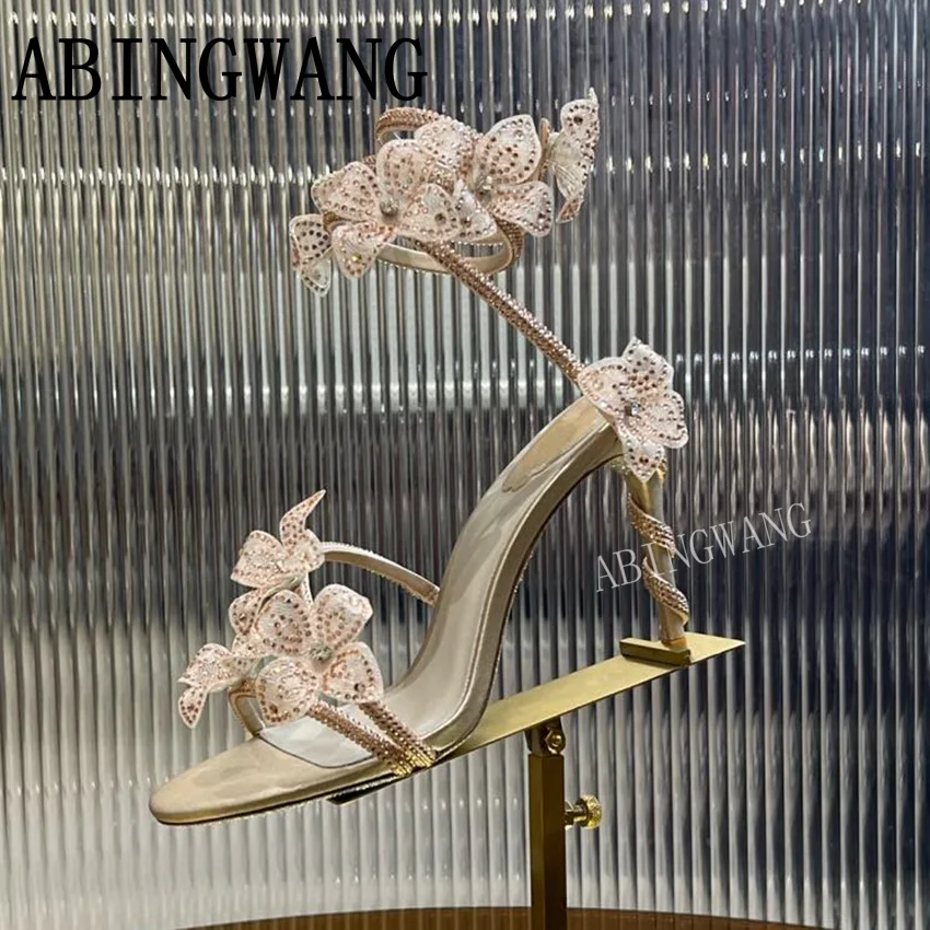 

2025 Summer New Women Crystalflower Sandals Open Toe Sandals Summer Ladies High Heel Mules Crystal Women Shoes Sandalias Mujer