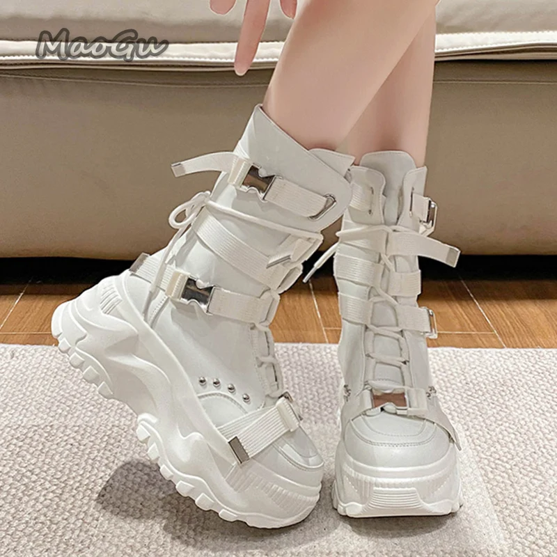موضة سميكة وحيد منصة دراجة نارية الأحذية النسائية مشبك الأشرطة أسود أحذية بوت قصيرة للمرأة الخريف الشتاء بوتاس موهير حجم 35