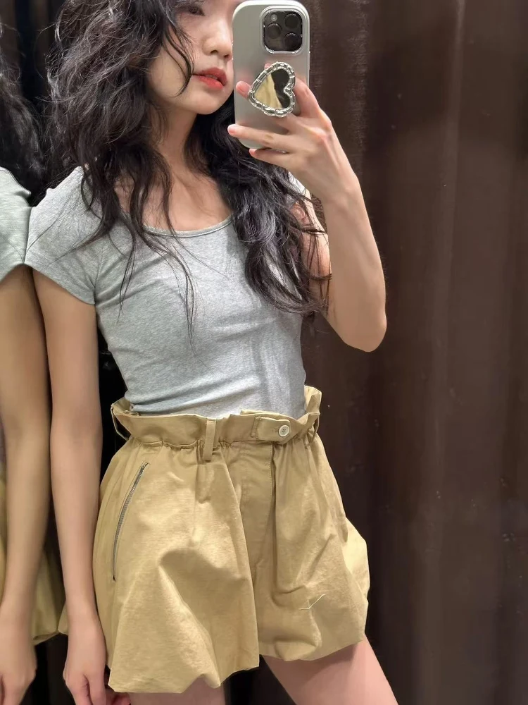 Verano 2025 nuevas mujeres Faionable plisado Casual pierna recta globo pantalones de cintura alta de fibra de poliéster pantalones sueltos ort