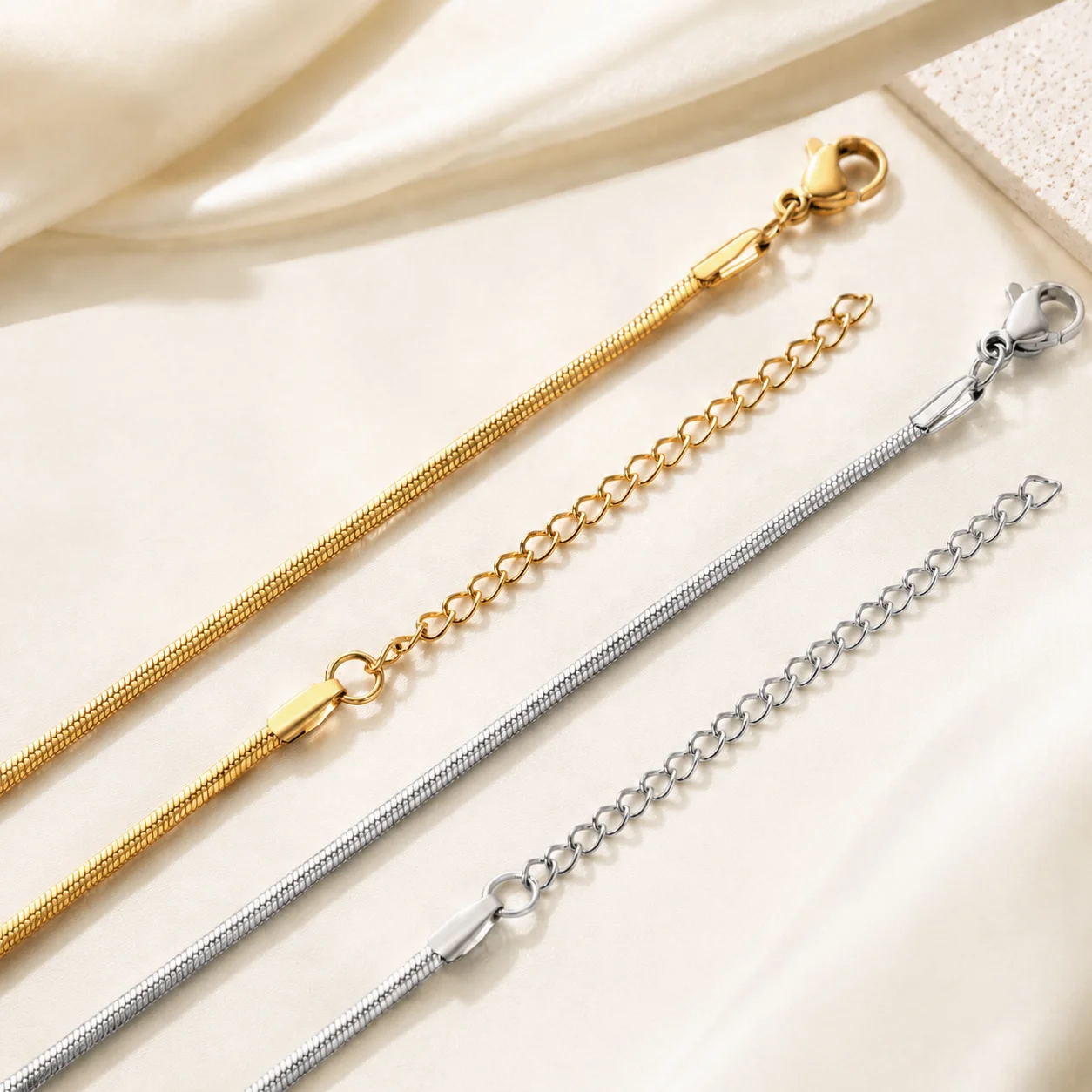 2mm Push‑tight Snake Bone Chain Stainless Steel Blank Matching Snake Chain w/ 5cm Extension Chain Minimalist Jewelry Gold/Silver