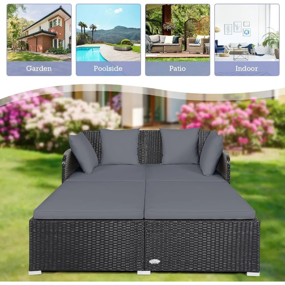 tweepersoons rieten buitenligbed met kussens, kussens en gebogen rugleuning voor ontspanning