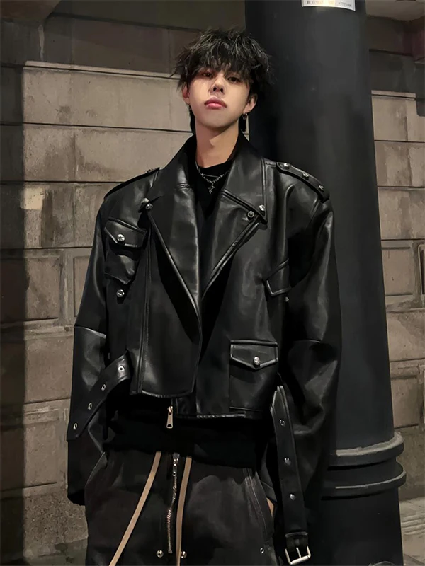 

Bla ort Leather Jaet Men's Cleanfit American Sle Street hine Clothes oulder Padded Rivet Workwear Jaet