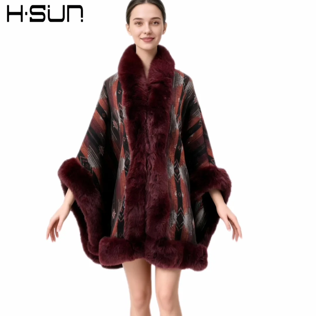 

Fashion Full Handcraft Trim Rabbit Fur Coat Cape Women Double Layer Knit Cardigan Faux Fur Shawl Cloak Fall Winter Wraps Wh52