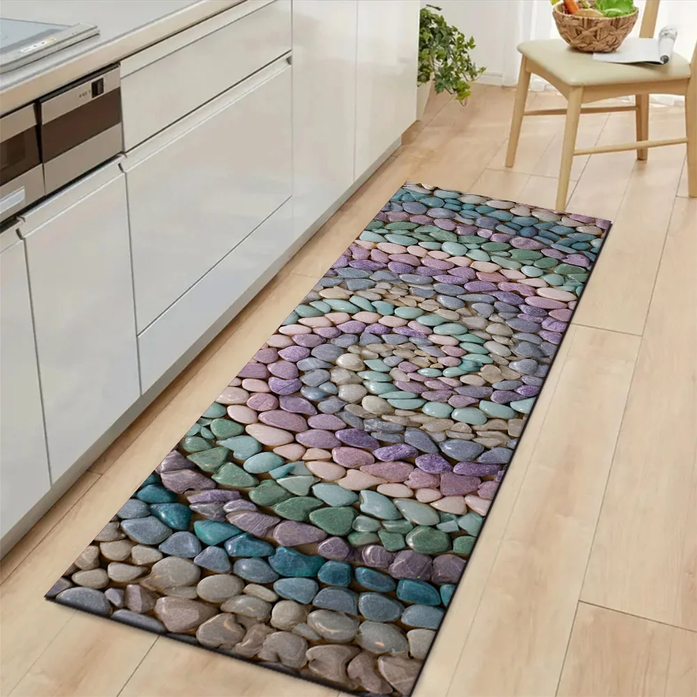 Pastel Mint Lavender Beige River Pebble Stone Print Runner Rug, non-slip mat for entry hallway fresh natural home floor decor