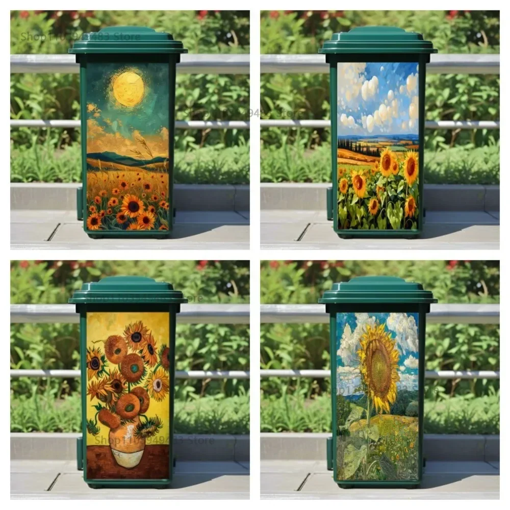 Sunflower Oil Painting Art Mural Self-adhesive Trash Can Wrap Recycling Sticker Outdoor Home Litter Bins Renovation Cover Decals