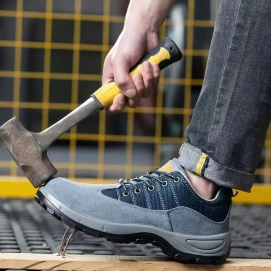 Мужская рабочая обувь из замши, воловьей кожи, дышащая синяя сетка, сплошная подошва, защита от ударов и проколов.