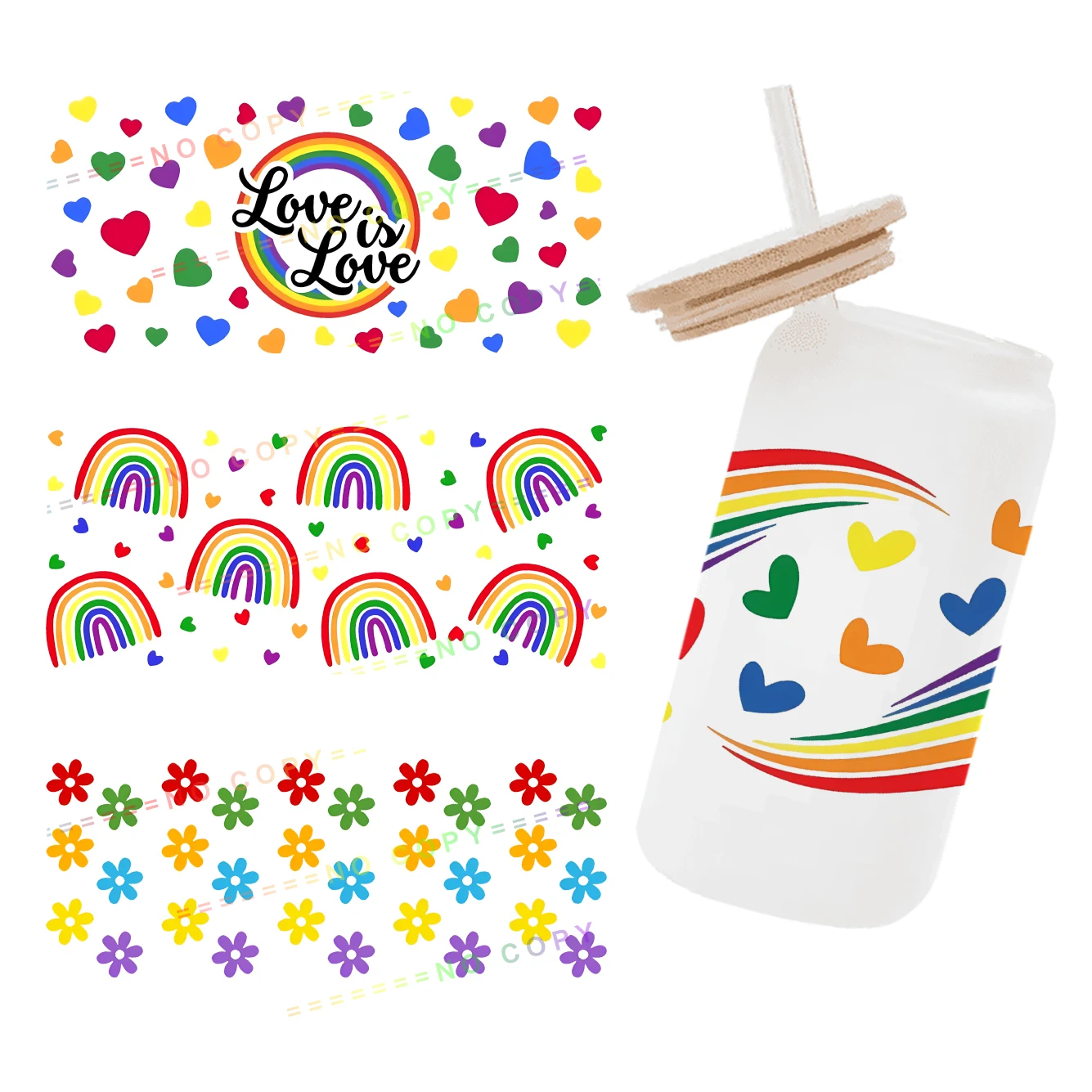 LGBTQ  Rainbow pride 3D UV DTF Wraps Transfer Sticker DIY For 16oz Libbey Glass Cup Waterproof Wrap Transfers Decals Coffee Cup