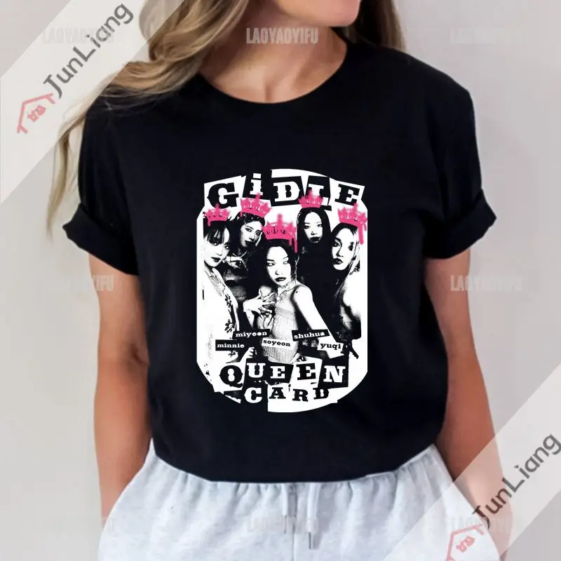 

GIDLE Queencard T-shirt Kpop Fashion women Men's summer short sleeve T-shirt top Street popular Y2k (G)I-DLE clothing