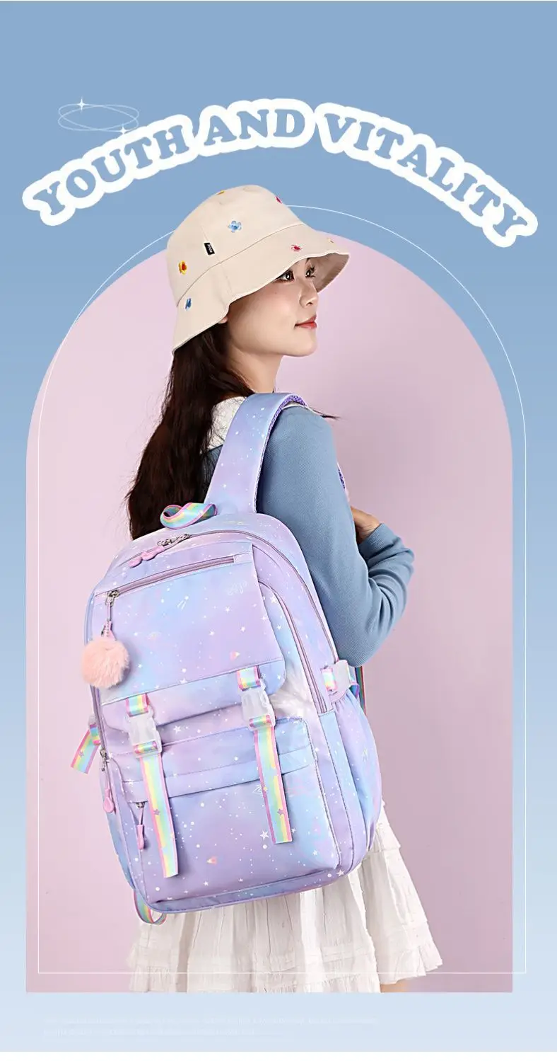 Bohemian-Style Stitch Cartoon Pattern Rainbow Nylon Backpack, Gradient Color Design, Lightweight & Large-Capacity Travel Backpac