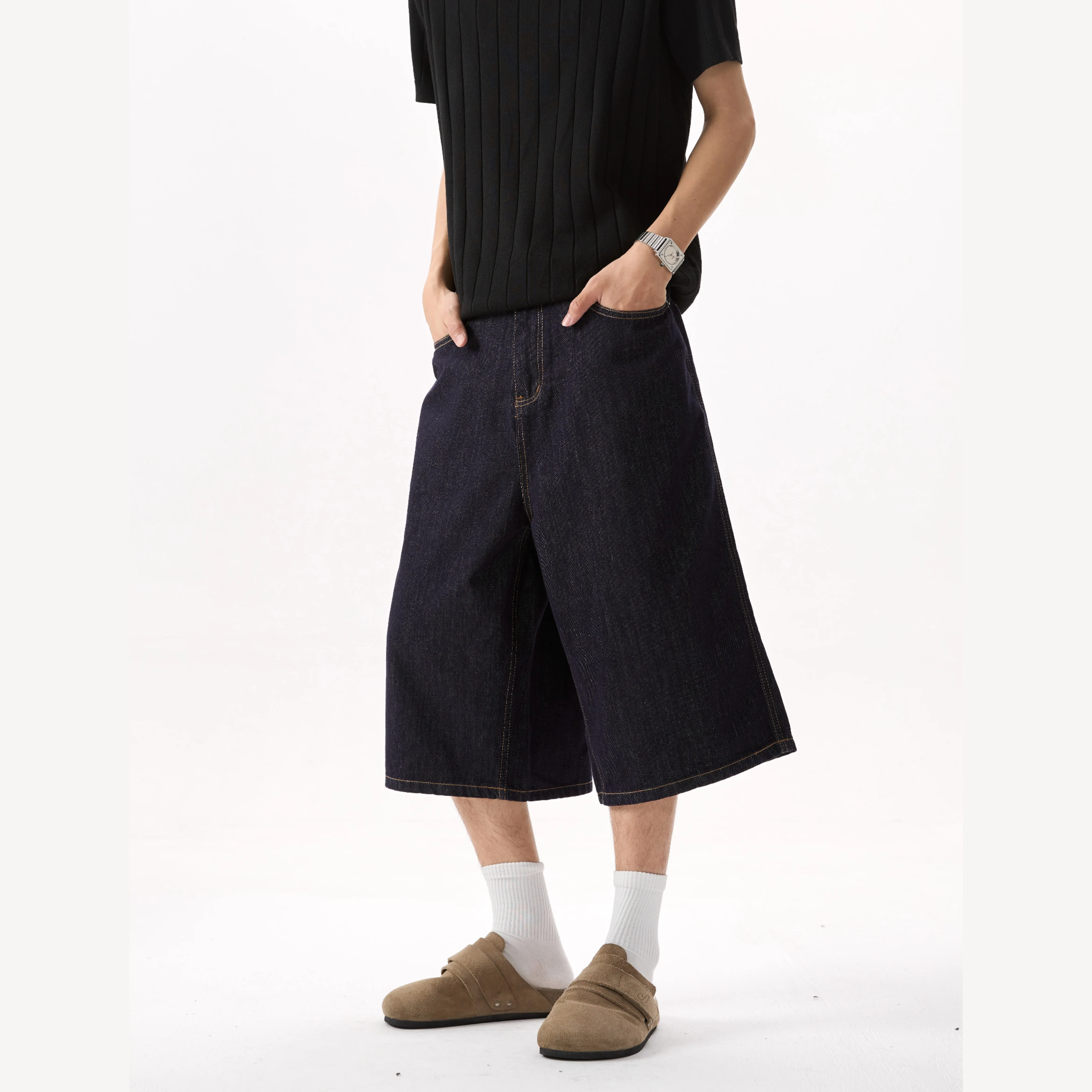 Street Style Raw Color Loose Wide Leg Denim Seven Quarter Pants For Men And Women Non Fading Shorts