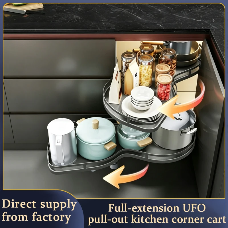 Built In Corner Kitchen Cabinet Magic Corner Fly Disc Double Layer Rotating Pull Out Storage Basket Rack Organizer Anti Rust