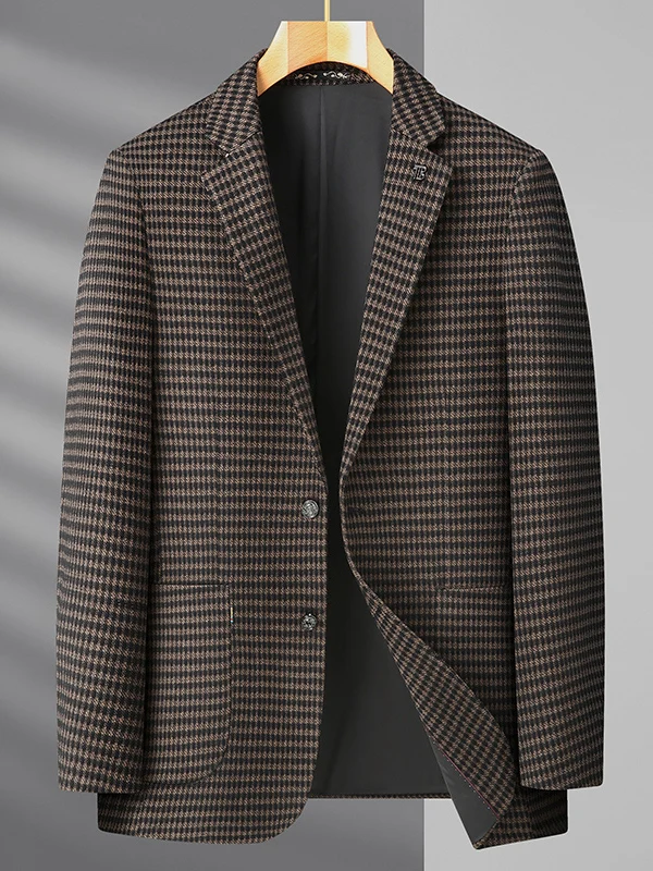 

Autumn Winter Large Size Men's Suit Jaet Casual Busin Plaid Overcoat Thiened Long Sve Regular Fit Two Button Closure