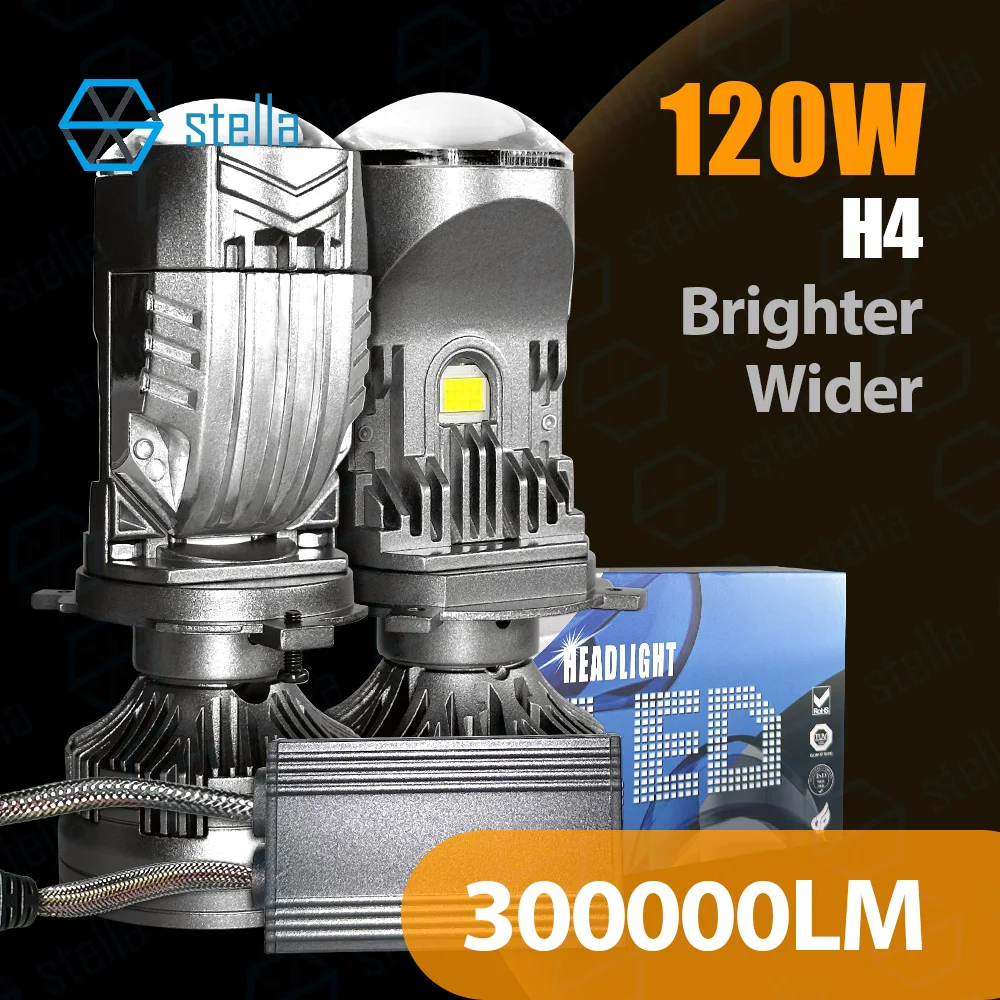 Stella 1 Set High Power 120W 3rd Generation H4 Bi-LED Mini Lens Projector Headlight Bulb for Auto/Motor Super Bright 300000LM