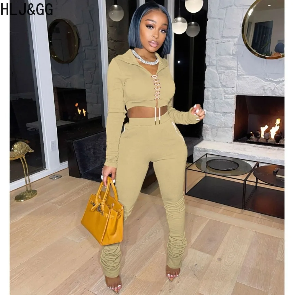 

HLJ&GG Fashion Solid Bandage Hooded Two Piece Sets Women Long Sleeve Hoody Crop Top And Stacked Pants Outfits Female Clothing