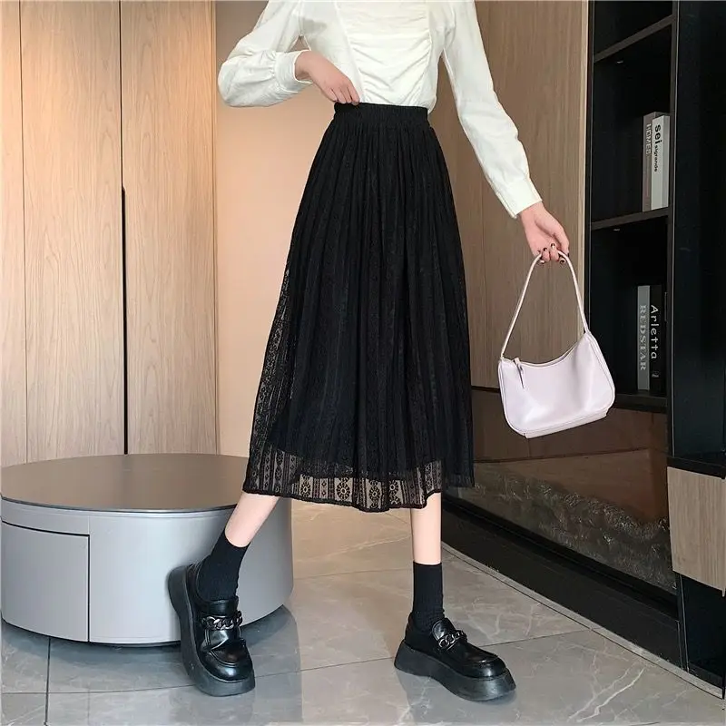 High Waist Midi Skirts Women Vintage Lace New Autumn Winter A-line Pretty Basic Office Lady All-match Chic Trendy Ins Style OOTD