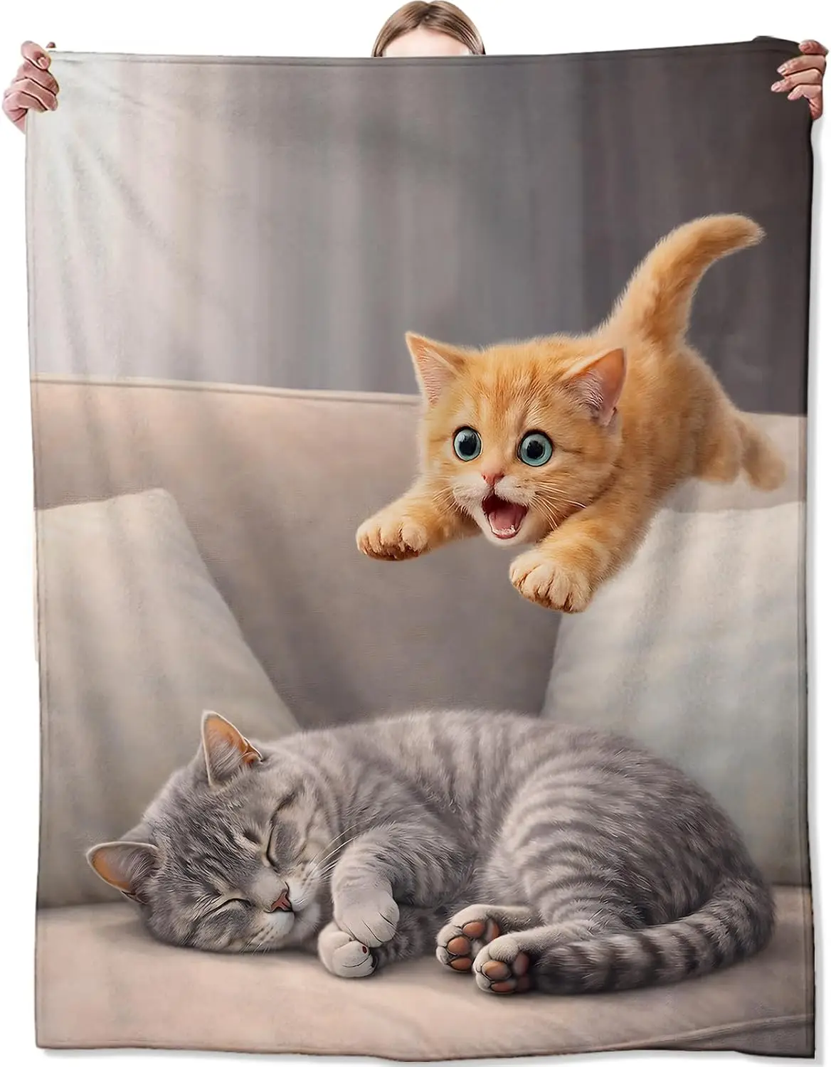 Cute Sleep Gray Striped Cat Jumping Ginger Kitten Sofa Scene Fluffy Blanket Soft Warm Cover For Couch Office Picnic Pet Lover