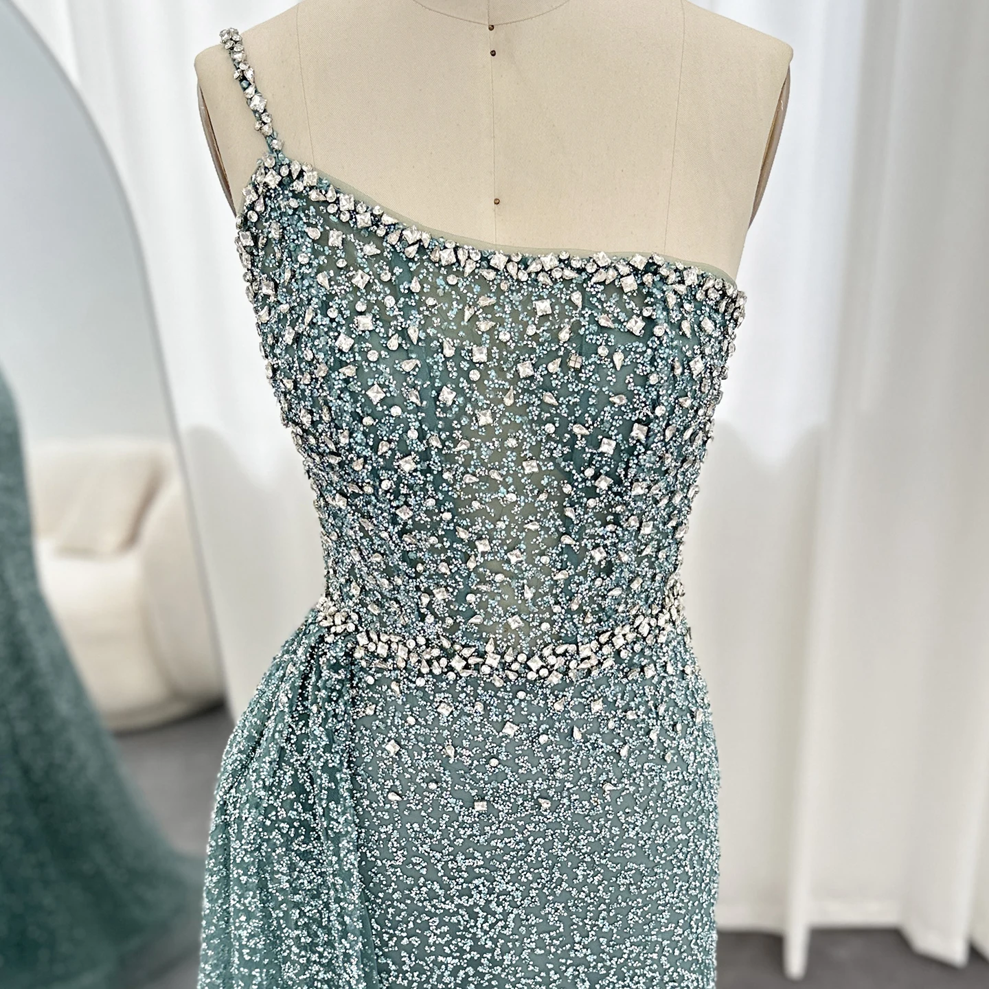 Sharon Said Sparkly Crystal Turquoise Een Schouder Zeemeermin Avondjurken met Overrok Bruiloft Jurken SS698 Aangepast