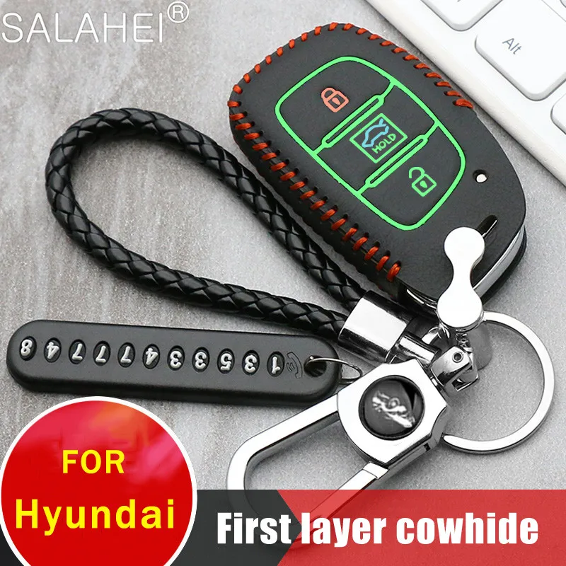 Leather Car Key Case For Hyundai IX30 IX35 IX20 Tucson Elantra Verna Sonata Smart Remote Cover Keychain Protect Bag Accessories