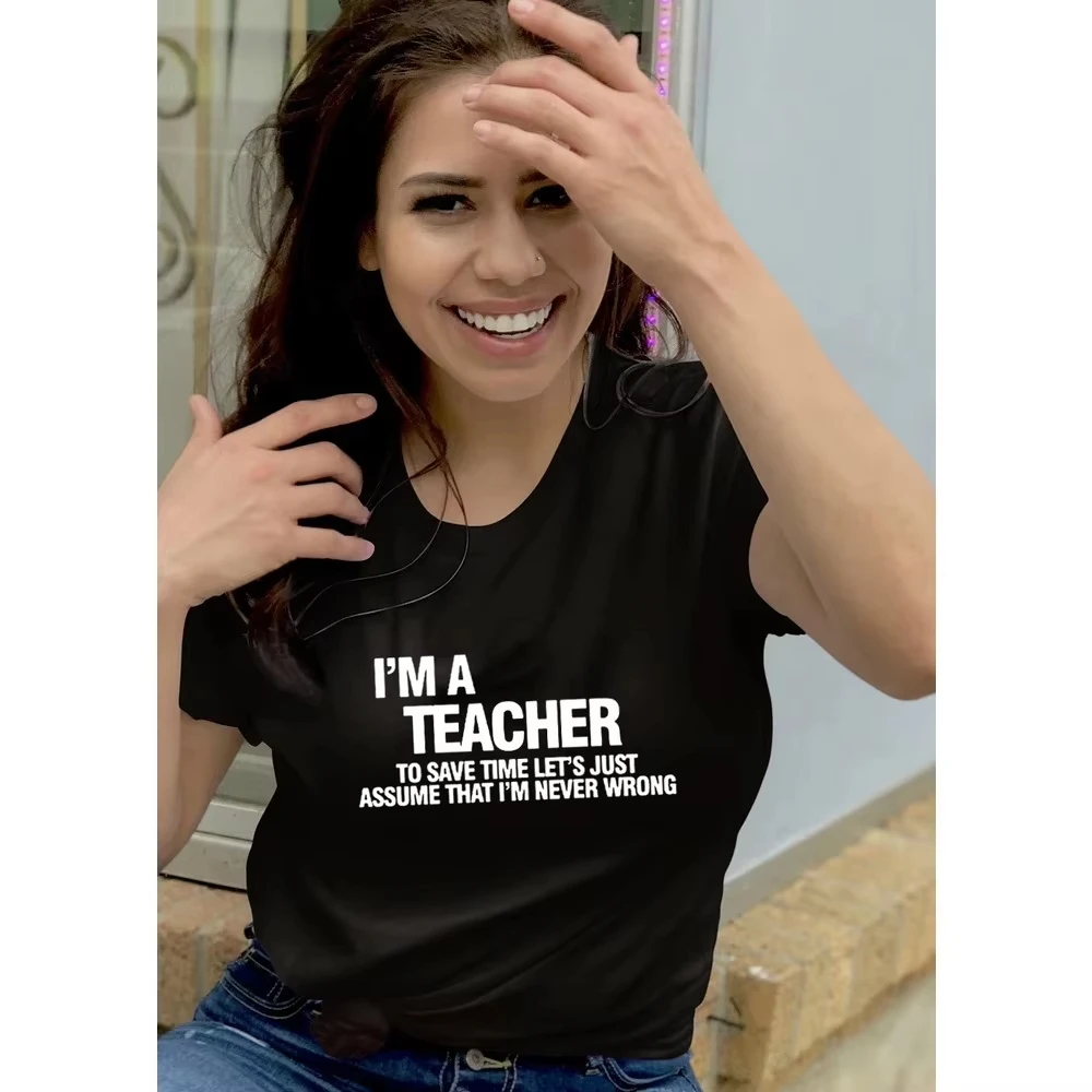 

Женская забавная футболка с буквенным принтом «Я учитель» в стиле Харадзюку, футболки с короткими рукавами, женская повседневная черно-белая футболка, женские топы, футболка
