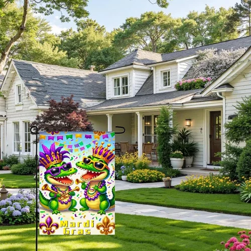 1PC Mardi Gras Garden Flag with Two Cartoon Alligators Wearing Crowns Sunglasses OOV IIC