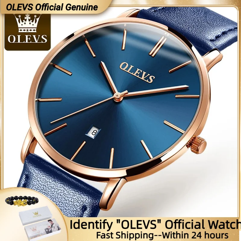 OLEVS 6.5mm Ultra Thin Japan Quartz Watch for Men Date Minimalist Casual Business Dress Leather Strap Waterproof Men's Watch