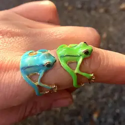 Funny Quirky Enamel Green Blue Tree Frog Rings For Women Girls Cute Animal Design Opening Resizable Ring Statement Jewelry Gift
