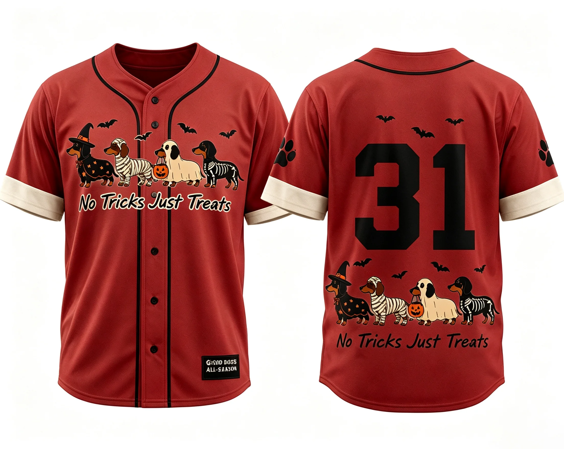 Halloween Dachshund Baseball‑Style All‑Over Print T‑Shirt, No Real Buttons Polyester Mesh Tee Men Women Cosplay Family Gift Top