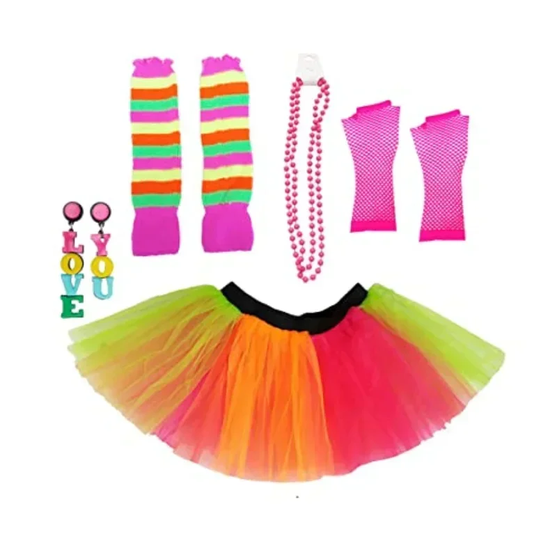 80s Costumes Accessories Set for Women Tutu Skirt Butterfly Hair Band Necklace Lightning Earrings Fishing Net Gloves Long Sleeve