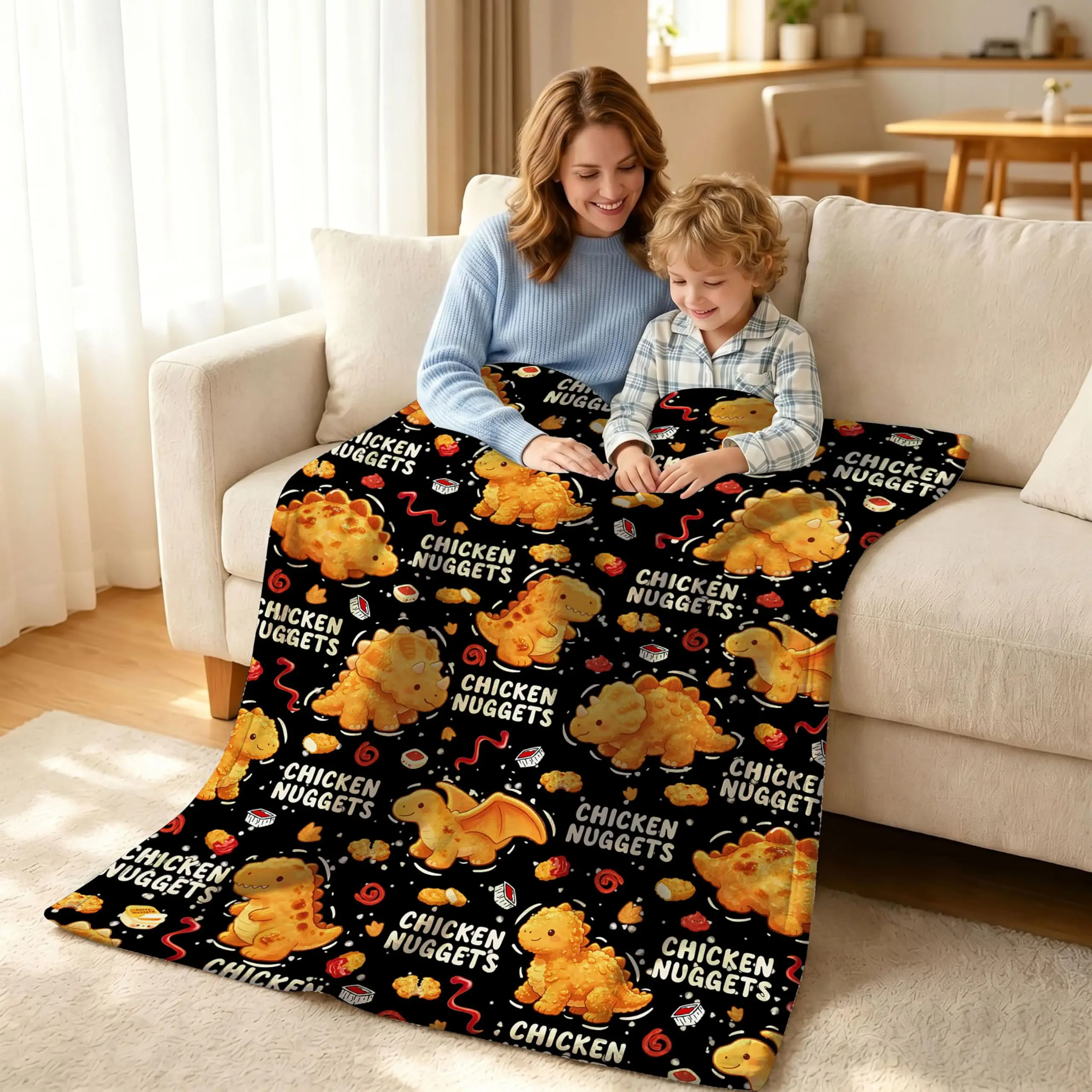 Chicken Nuggets Dinosaur Throw Blanket, Novelty Gifts for Boys Girls Food Lovers for Bed Couch Camping Decor