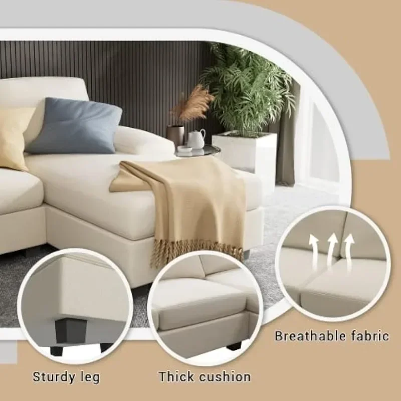 Sofa Sofa bolak-balik, Set Sofa 4 tempat duduk bentuk U kain Modern pakaian tidur Sofa Modular dengan kursi ganda & busa memori