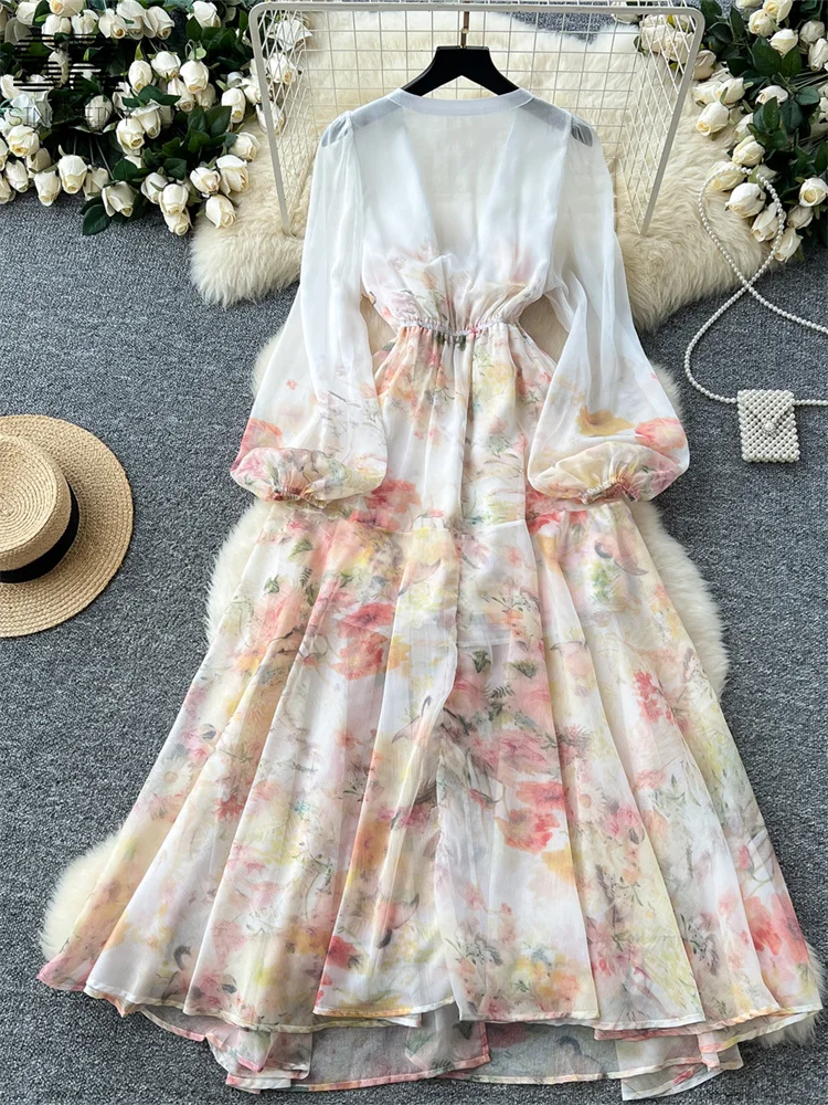 SINGREINY Senior Print Chiffon Dress Lace Up Design Lantern Sleeve Deep V Neck Temperament Ladies Gentle Large Swing Dresses