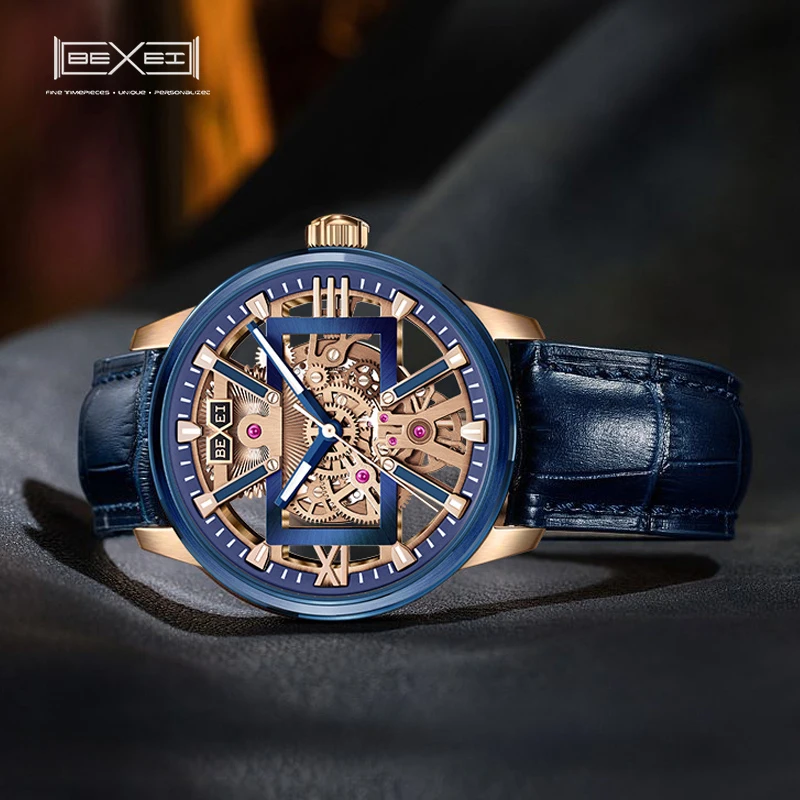 BEXEI 9053 Automatic mechanical fashion Man watch Luxury skeleton synthetic sapphire waterproof BX-015 movement Reserve 72H