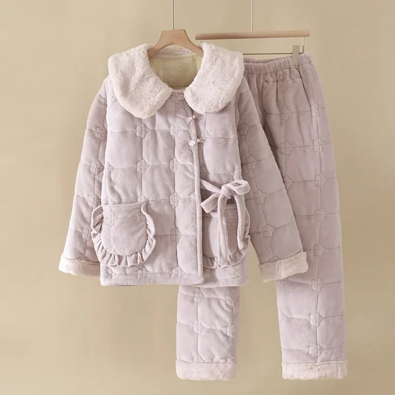 

Doll Collar Disc Buckle Pajamas Autumn Winter Three-layer Padded Cotton Thickened Fleece Flannel Suit Coral Fleece Loungewear