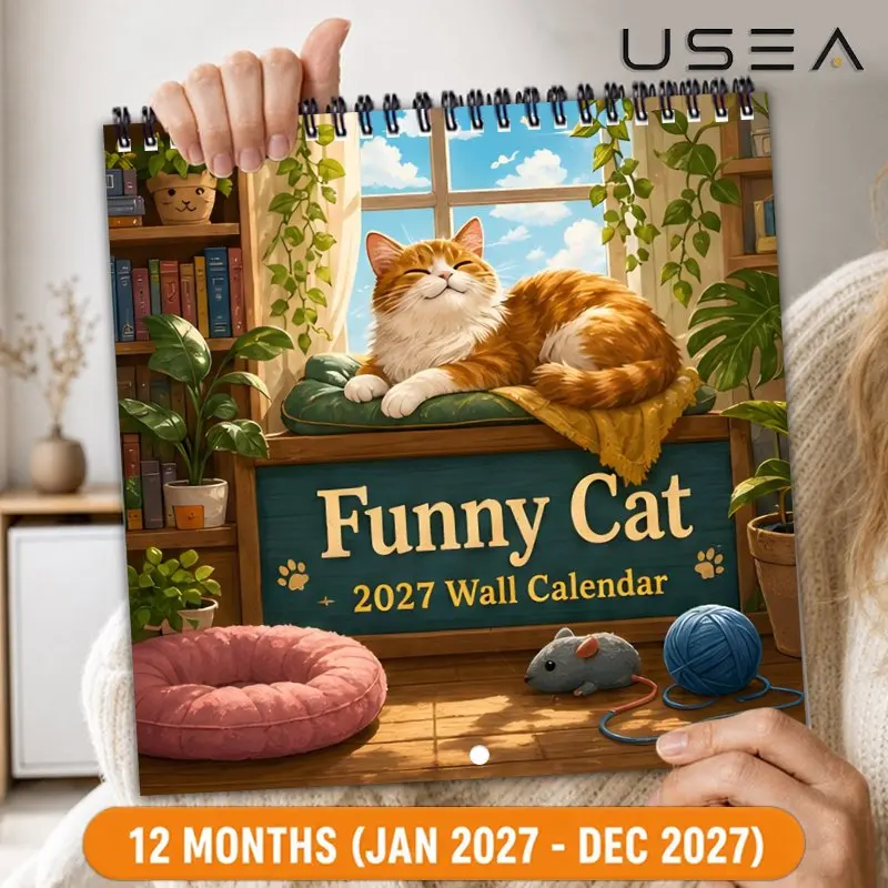 2027 Funny Cat Wall Calendar,  Monthly Planner, Twin Wire Spiral Hanging Calendar with Large Writable Blocks, Aesthetic Decor