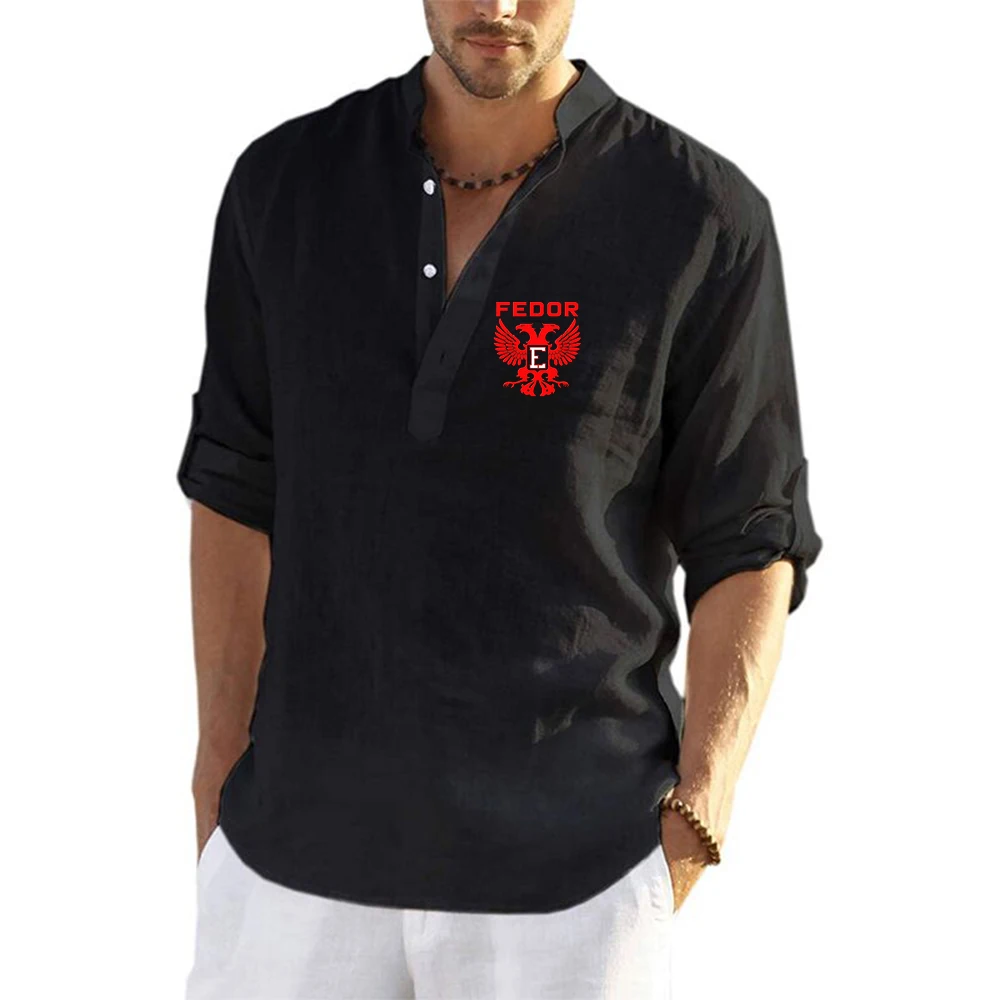 Russian Fighter Legend Fedor Emelianenko Logo Print 2026 Summer New Style Men's Breathable Lightweight Fashionable Flax Shirt