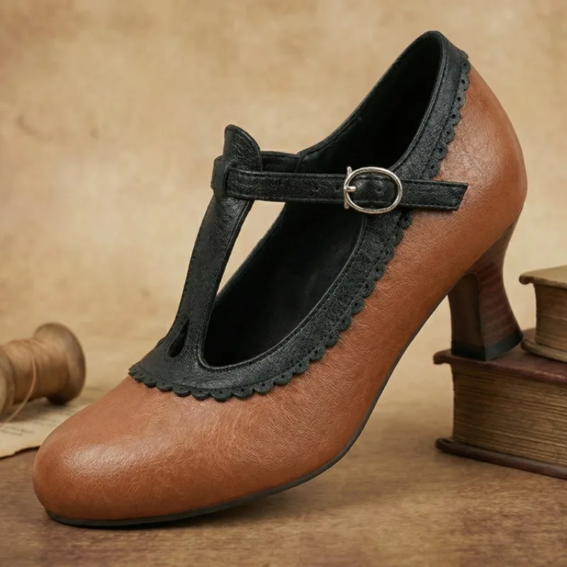 New Spring and Autumn 2026 Thick-soled, Color-blocking, High-heeled, Round-toe Buckle Design Single Shoes for Sizes 34-50