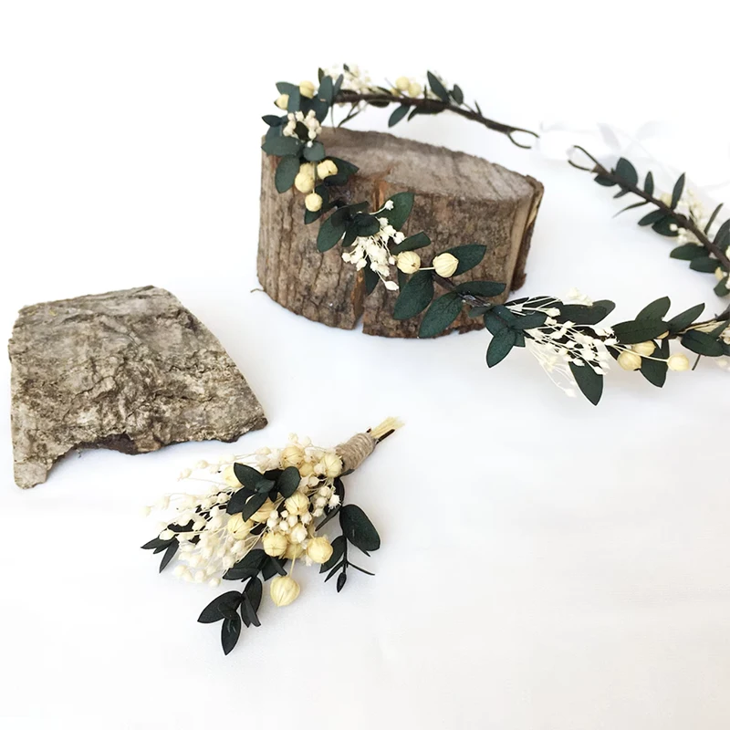Handmade Eucalyptus Baby\'s Breath Bride Crown Woodland wedding Gypsophila Dried Flower Crown Bridesmaid Flower Girl Decoration