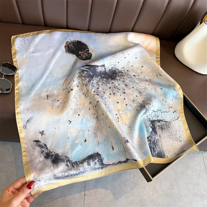 Luxury Square Scarf For Women Artistic Portrait Silk Scarves Bandanas Fashion Hijab Neckerchief For Beach Elegant Shawl Wraps