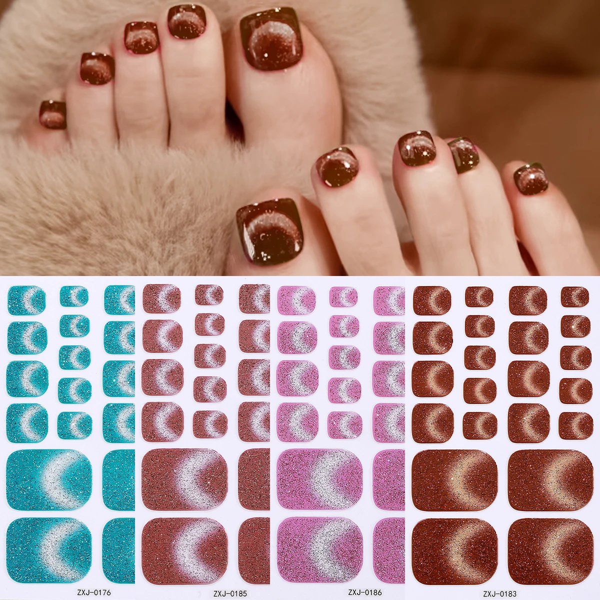 

4 Sheet Summer Sparkling Cat Eyes Baking Free Toe Nail Sticker Glitte Full Cover Toenail Polish Strips Adhesive DIY Foot Sticker