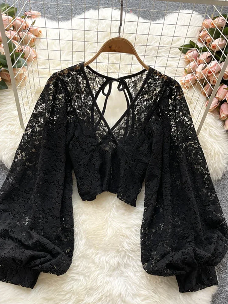 Sweet Memory Black/White/Brown Sexy Lace Blouse Women Elegant V-Neck Puff Long Sleeve Open Back Short Tops