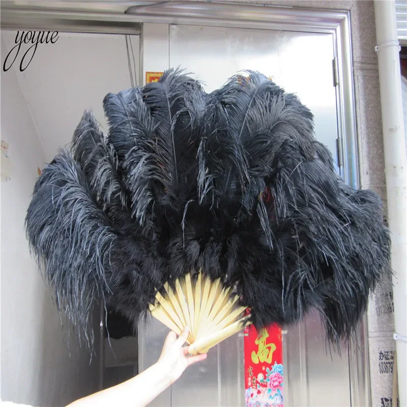 13 bones Big Ostrich Feathers Fan With Bamboo Staves for Belly Dance Halloween Party Ornament Decor Necessary