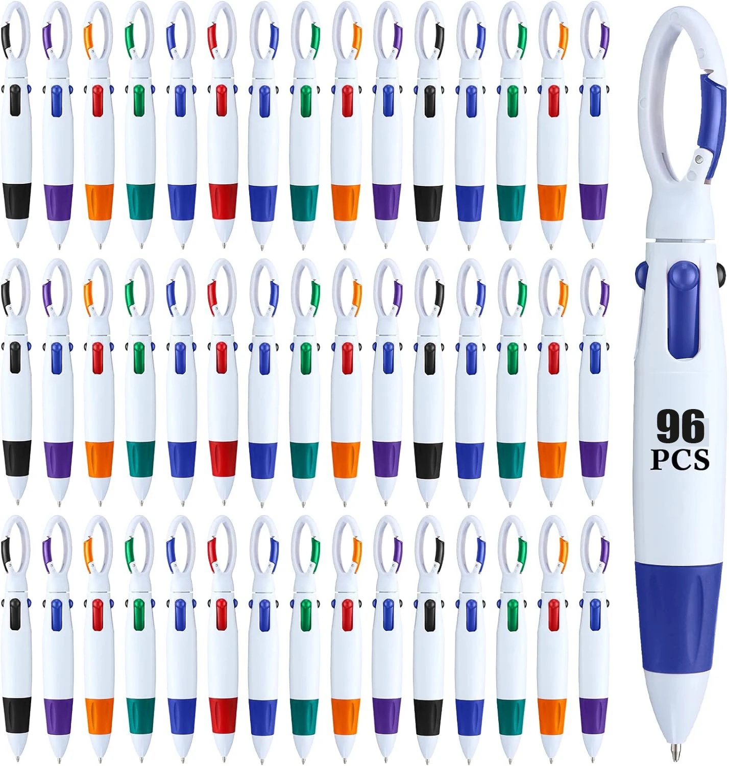 

96Pcs Retractable Shuttle Pens with Carabiner Clip 4-in-1 Ballpoint Pens Multicolor Pens with Buckle Keychain on Top