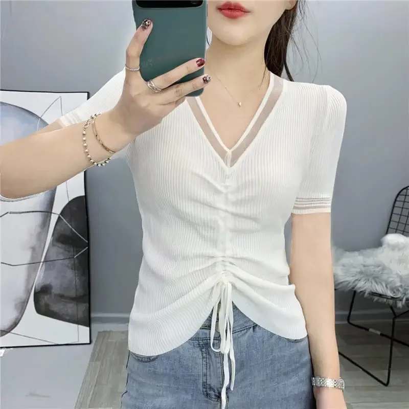 Classical Dance Clothes Women Latin Tops See Through Solid Mesh Tops Mid Sleeve Drawstring Ballet T-shirt Women Dance Costume